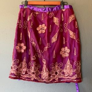 Magenta and Purple Sari Wrap Skirt with Embroidery
